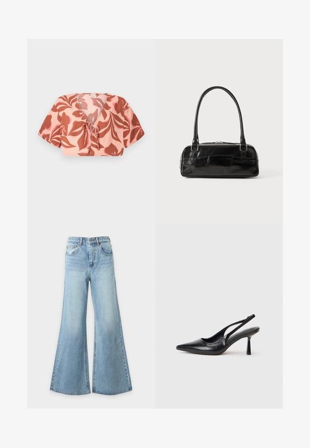 Korte top van pastelroze stof met een bloemenpatroon in roest en zachtroze, met een strik aan de voorkant, korte mouwen en een V-hals.; Lichtblauwe denim jeans met wijde pijpen, vooraan met knoop- en ritssluiting, riemlussen en voorzakken, weergegeven op een effen achtergrond.; Zwarte leren slingback hoge hak schoenen met puntige neus en slanke hak op een witte achtergrond.; Zwarte leren handtas met een rechthoekige vorm, voorzien van een enkele gestructureerde handgreep, zilveren hardware en ritsluiting. Gladde textuur.