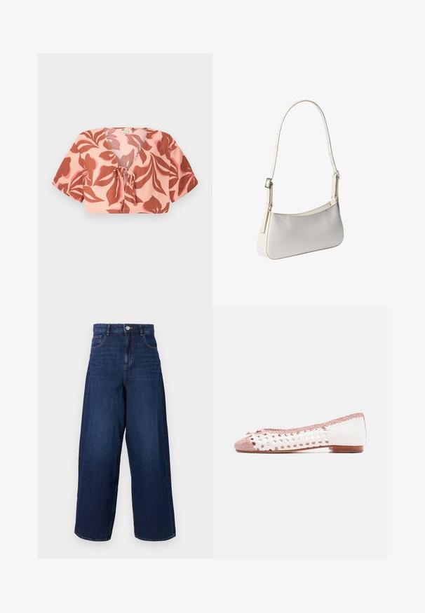 Top corto de tela rosa pastel con un patrón floral en tono óxido y rosa suave, con la parte delantera atada, mangas cortas y cuello en V.; Pantalones vaqueros de denim oscuro de pernera ancha con una cintura alta, cinco bolsillos y cierre de botón. La tela tiene una textura suave con un ligero desgastado.; Zapato plano bicolor tejido con cuero trenzado rosa y blanco y pequeño tacón de madera, vista lateral sobre fondo liso.; Bolso blanco de hombro con correa ajustable y patrón texturizado sutil, forma rectangular con bordes redondeados, hebilla plateada en la correa.