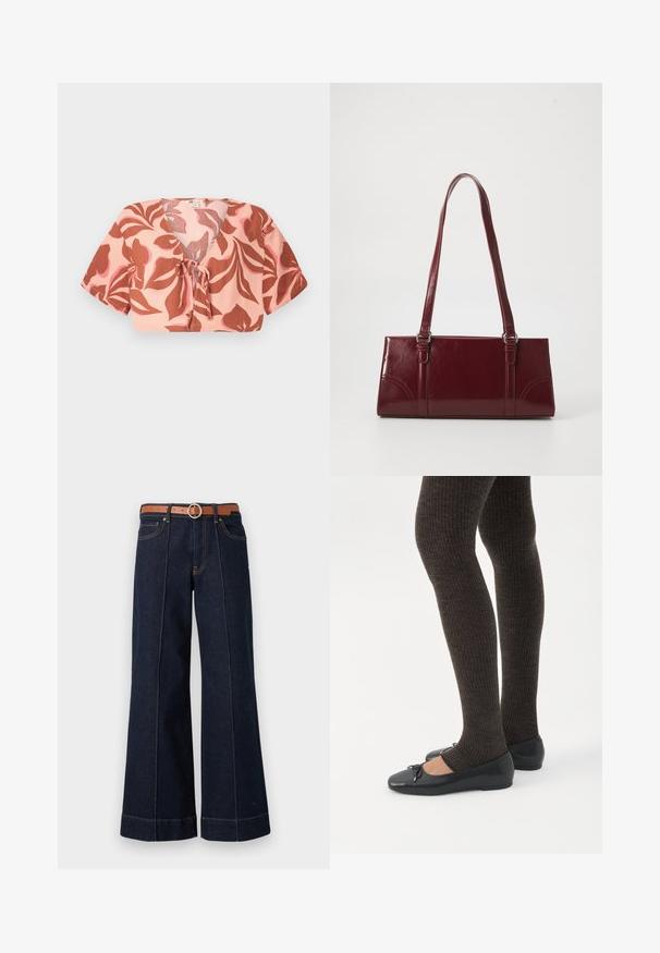 Top corto de tela rosa pastel con un patrón floral en tono óxido y rosa suave, con la parte delantera atada, mangas cortas y cuello en V.; Jeans de mezclilla de un azul oscuro, de pierna ancha y con una cintura alta, cinturón marrón y detalles de costura visibles. Incluye bolsillos delanteros y un ajuste relajado.; Piernas con leggings oscuros acanalados combinados con bailarinas negras que presentan pequeños detalles de lazo sobre un fondo blanco.; Bolso burdeos hecho de material brillante, de forma rectangular, con dos asas para el hombro y sutiles acentos curvados en la parte frontal.