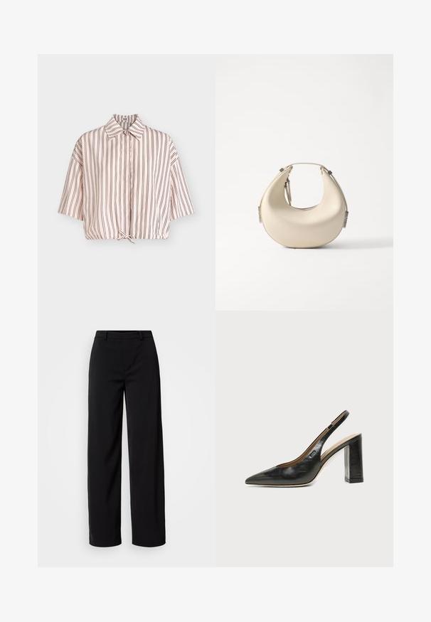 Chemise rose clair à manches courtes avec fines rayures verticales noires et un petit nœud à l'ourlet, présentée sur un fond gris.; Pantalons larges noirs en tissu lisse, dotés d'une taille classique et d'une silhouette ajustée avec des poches avant.; Chaussure slingback en cuir noir à bout pointu avec un talon bloc haut et une doublure intérieure beige sur un fond clair uni.; Sac hobo avec un extérieur en cuir lisse de couleur crème, une forme arrondie et des accents matériels en argent minimalistes au niveau de la poignée.
