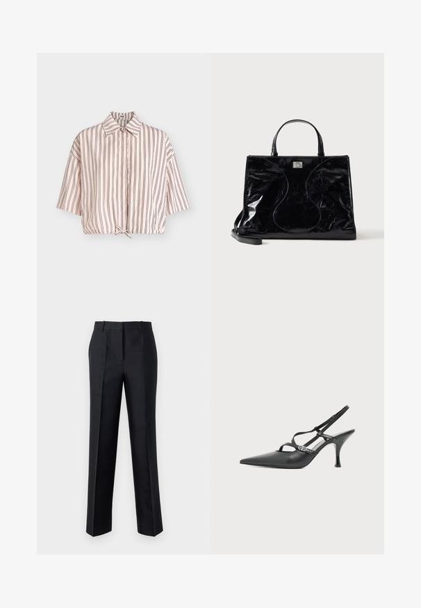 Chemise rose clair à manches courtes avec fines rayures verticales noires et un petit nœud à l'ourlet, présentée sur un fond gris.; Pantalon noir avec une coupe droite, texture lisse et fermeture à glissière dissimulée. Présente des plis pour un style supplémentaire et un look ajusté.; Chaussure à talon haut en cuir noir avec bride arrière, bout pointu, fines lanières et petite boucle argentée sur fond blanc uni.; Sac à main en cuir noir brillant avec poignées courtes, bandoulière amovible et détails de couture discrètement courbés à l’avant.