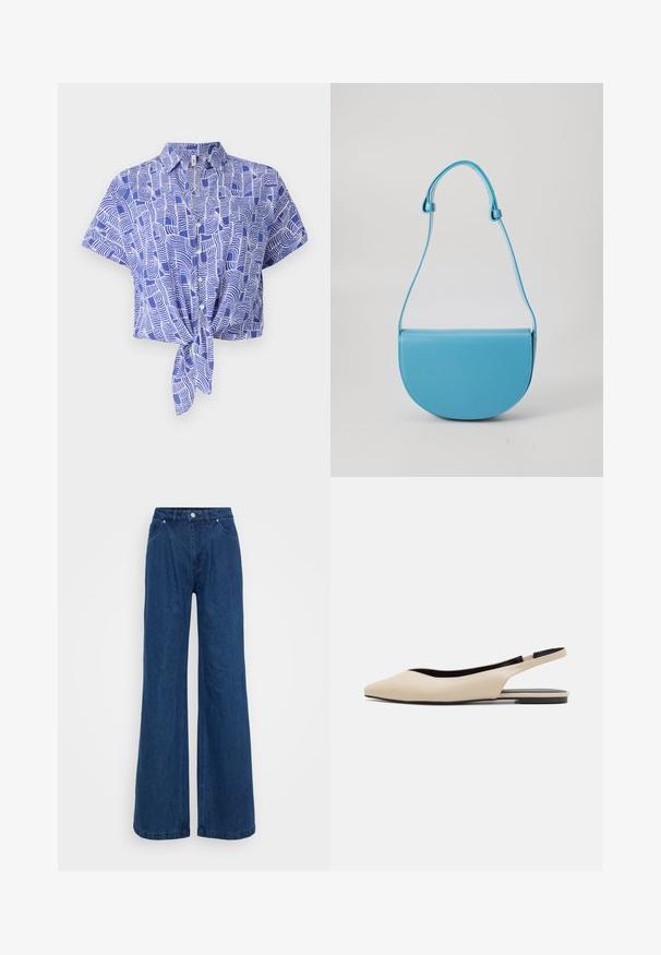 Blå og hvid kortærmet skjorte med en bindefront-design og et abstrakt bølgemønster. Letvægtsstof med en afslappet pasform.; Bredbenede blå denimjeans med høj talje, frontknap og lynlås lukning, samt for- og baglommer på en ensfarvet baggrund.; Beige læder slingback flade sko med spidse tæer, minimalisk design, glat tekstur og en lav sort sål.; Blå, halvcirkelformet håndtaske lavet af glat læder med en enkelt justerbar rem og minimalistisk design. Overfladen er blank med rene kanter.