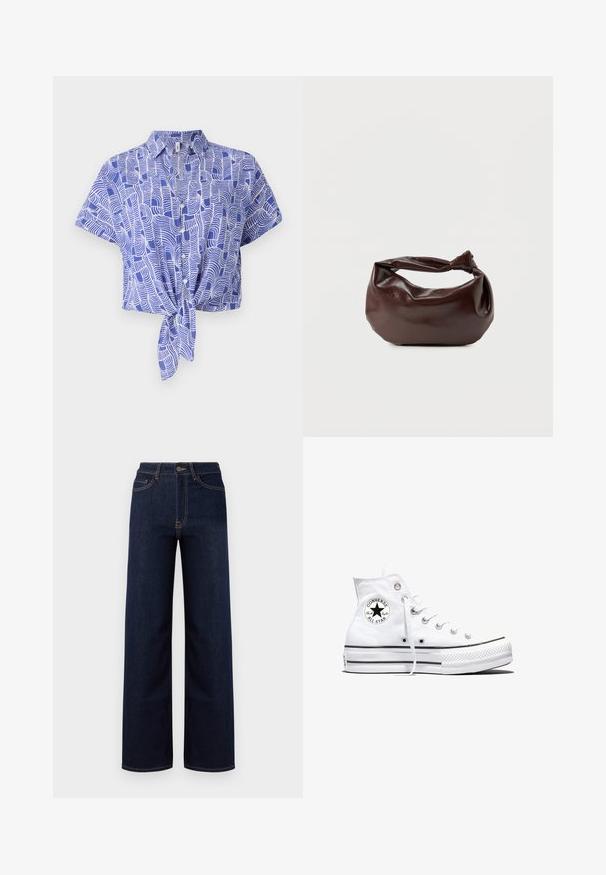 Blå og hvid kortærmet skjorte med en bindefront-design og et abstrakt bølgemønster. Letvægtsstof med en afslappet pasform.; Mørkeblå bredbenede jeans lavet af denim, med høj talje, fire lommer og kontrastfarvet syninger langs sømmene.; Hvid højtop Converse Chuck Taylor All Star-sneaker med sort logo-patch og hvide snørebånd, vist på hvid baggrund.; Mørkebrun læder skuldertaske med en blød, afslappet form og et snoet knudehåndtag på en ensartet hvid baggrund.
