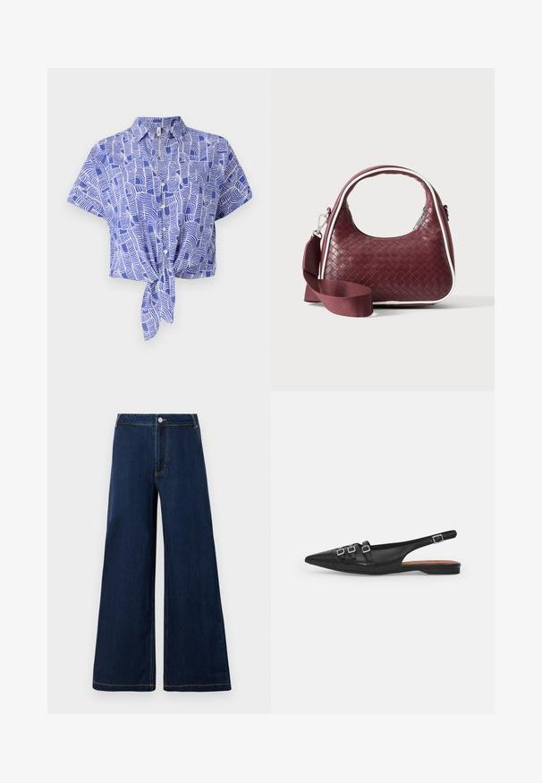 Blå og hvid kortærmet skjorte med en bindefront-design og et abstrakt bølgemønster. Letvægtsstof med en afslappet pasform.; Bredde denim jeans i mørkeblå med guld sting, der har en frontknap og lynlåslukning samt et klassisk fem-lomme design.; Sort læderslyngeflad sko med spids tå, der har to vandrette stropper og firkantede sølvspænder, lav hæl og glat tekstur.; Mørkerød vævet lædertaske med buet hank, hvid kant, sølv lynlås og aftagelig bred stofskulderrem mod en ensfarvet baggrund.