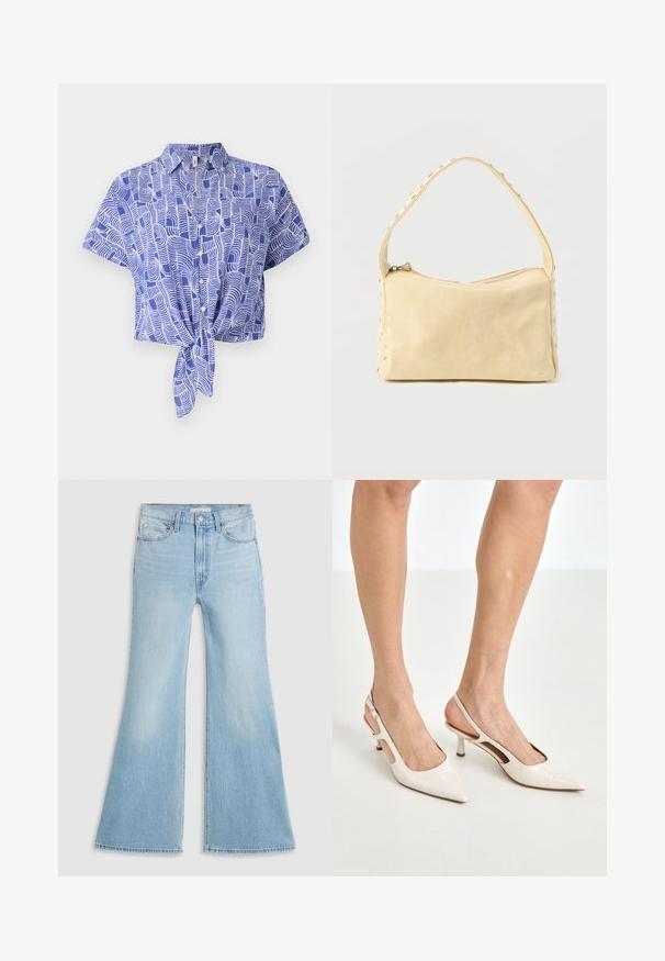 Blå og hvid kortærmet skjorte med en bindefront-design og et abstrakt bølgemønster. Letvægtsstof med en afslappet pasform.; Lysblå flagrende jeans med høj talje, lavet af denim. Har et klassisk fem-lomme design og en rå kant ved ærmerne.; Beige patenterede læder slingback hæle med spids tå og 5 cm hæl, med udskårne sider og en tynd ankelrem.; Lille beige læderhåndtaske med en enkelt rem og sølvnitter langs kanterne og remmen, sat mod en ensfarvet baggrund.