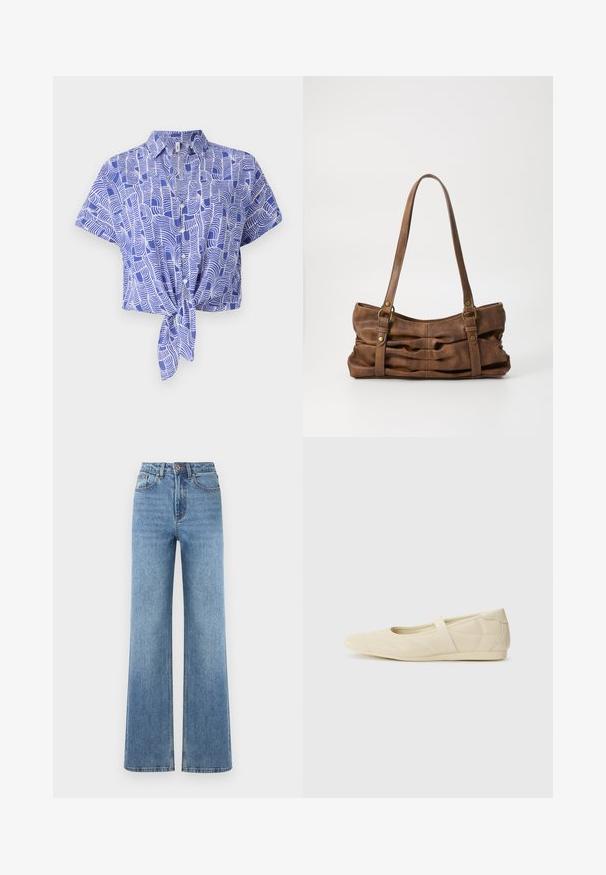Blå og hvid kortærmet skjorte med en bindefront-design og et abstrakt bølgemønster. Letvægtsstof med en afslappet pasform.; Lyseblå denim bredbenede bukser med høj talje, featuring en knaplukning, fire lommer og en ren kant med subtil blegning.; Lysebrune ballet flats med en glat læderoverflade, mandelformet tå og elastisk rem over vristen, med diskrete syninger.; Even&Odd by Zalando Håndtasker - brown