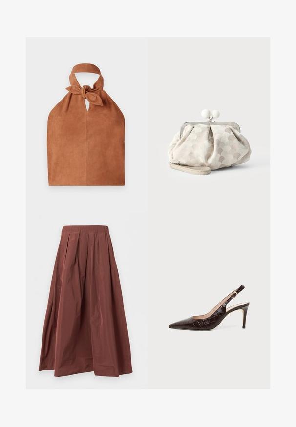 Sac de style halter en daim doux couleur brun avec un détail de dessus noué et une découpe en forme de clé. Présente une texture lisse et un design minimaliste.; Jupe longue plissée marron taille haute avec ourlet large, fabriquée en tissu léger, présentée sur un fond blanc uni.; Escarpin slingback en cuir brun foncé à texture crocodile, bout pointu et talon stiletto de hauteur moyenne sur fond uni.; Petit sac pochette beige avec tissu texturé à pois, cadre argenté, fermoir rond blanc et bracelet de poignet amovible sur fond uni.