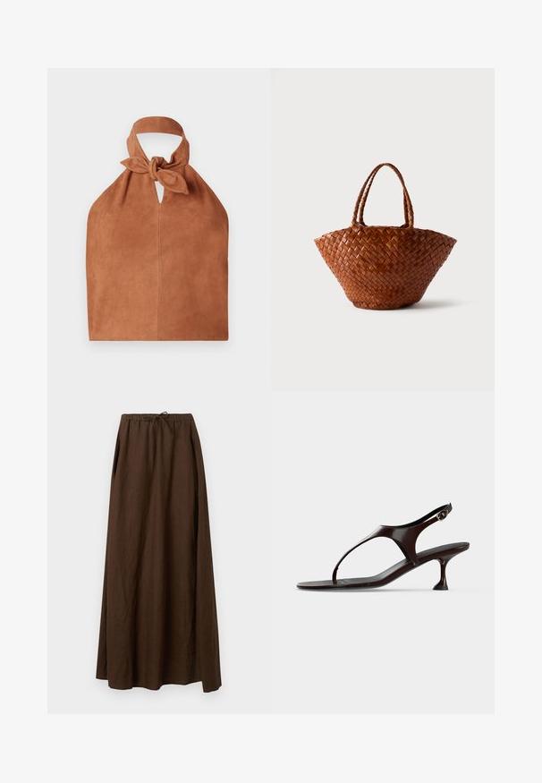 Halter-stijl tas van zacht bruin suede met een geknoopte bovenkant en een sleufvormig uitsnede. Heeft een gladde textuur en een minimalistisch ontwerp.; Bruine lange linnen rok met elastische tailleband en trekkoord. Heeft een losse, vloeiende pasvorm met zijplooien. Gladde textuur.; Donkerbruine lakleren slingbacksandaal met kittenheel en teenbandje op witte achtergrond.; Bruine gevlochten leren handtas met brede bodem die naar boven toe smaller wordt en twee gevlochten handvatten, afgebeeld op een effen lichte achtergrond.