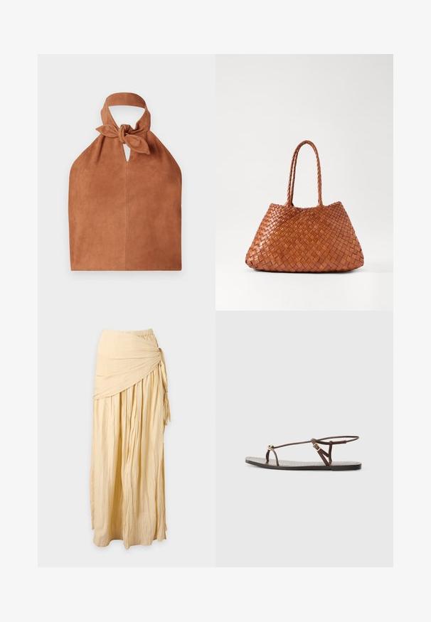 Sac de style halter en daim doux couleur brun avec un détail de dessus noué et une découpe en forme de clé. Présente une texture lisse et un design minimaliste.; Longue jupe beige avec tissu froncé et détail de nœud torsadé sur le côté droit, présentée sur un fond uni.; Sandale en cuir marron avec des fines lanières, un accent circulaire doré et une semelle plate. Design minimaliste avec un détail de boucle réglable.; DRAGON DIFFUSION SANTA CROCE BIG - Sac à main - tan