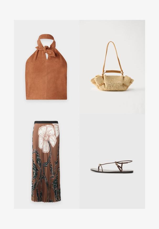 Halter-stijl tas van zacht bruin suede met een geknoopte bovenkant en een sleufvormig uitsnede. Heeft een gladde textuur en een minimalistisch ontwerp.; Bruine geplooide midi-rok met grote witte bloemenprint en donkergroene abstracte stelen, voorzien van een zwarte tailleband.; Bruine leren sandaal met dunne banden, een gouden cirkelaccent en een platte zool. Minimalistisch ontwerp met een verstelbare gesp.; Geweven beige handtas met een lange dunne riem en geplooide zijkanten, met een korte handgreep omwikkeld met leer voor draagopties.