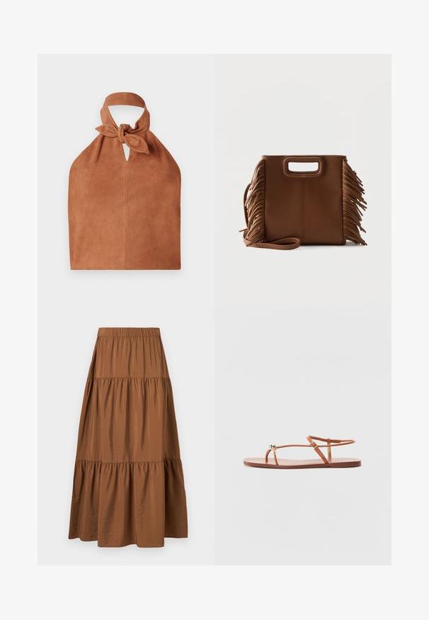 Halter-Style Tasche aus weichem braunem Wildleder mit einem geknoteten Oberteil und einem Schlüsselloch-Ausschnitt. Hat eine glatte Textur und ein minimalistisches Design.; Brauner gestufter Midirock mit elastischem Bund und leicht glänzendem, strukturiertem Stoff vor weißem Hintergrund.; Loeffler Randall LARA STRAPPY - Zehentrenner - timber; Braune Ledertasche mit rechteckigen Ausschnitten als Griffe, langem Riemen und Fransen an beiden Seiten vor einfachem Hintergrund.