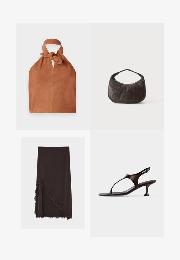 Sac de style halter en daim doux couleur brun avec un détail de dessus noué et une découpe en forme de clé. Présente une texture lisse et un design minimaliste.; Jupe midi marron foncé avec détail asymétrique en dentelle le long d'un côté et à l'ourlet sur un fond uni.; Sandale slingback en cuir verni marron foncé avec petit talon et bride entre les orteils sur fond blanc.; Petit sac à main marron foncé texturé avec une courte bandoulière et un fond arrondi sur un fond clair uni.