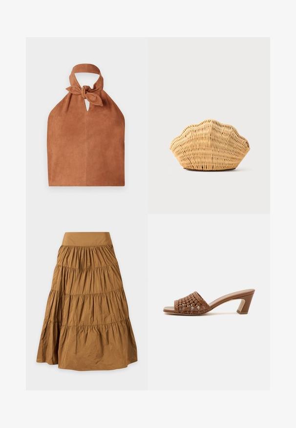 Halter-stijl tas van zacht bruin suede met een geknoopte bovenkant en een sleufvormig uitsnede. Heeft een gladde textuur en een minimalistisch ontwerp.; Bruine gelaagde maxi-rok met geplooide lagen en brede tailleband, gemaakt van lichtgewicht stof.; Bruine gevlochten mule met open teen, blokhak en slip-on ontwerp op een effen witte achtergrond.; Geweven rotan handtas in de vorm van een sint-jakobsschelp met natuurlijke lichtbruine kleur en afgeronde, gestructureerde randen.