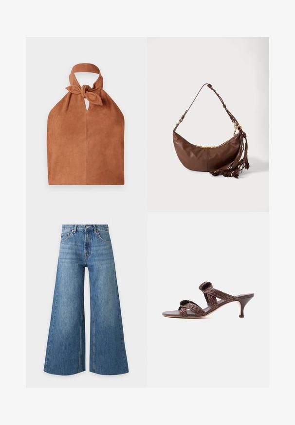 Sac de style halter en daim doux couleur brun avec un détail de dessus noué et une découpe en forme de clé. Présente une texture lisse et un design minimaliste.; Jean bleu à jambes larges, taille haute, bouton à l'avant, fermeture éclair et coutures visibles sur fond blanc.; Sandale mule en cuir tressé marron avec deux brides et un petit talon bas sur fond blanc uni.; Sac à bandoulière en cuir marron en forme de croissant avec une fermeture éclair dorée et plusieurs pampilles en cuir suspendues à la sangle sur fond blanc.