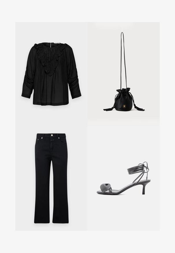 Blouse noire avec un col en V à volants, des manches trois-quarts et des détails froncés aux épaules, fabriquée dans un tissu lisse et léger.; Jean noir avec une coupe droite, style cinq poches, quincaillerie en métal et texture en denim douce. Minimaliste et uniforme en couleur.; Sandale à talon en cuir gris avec une bride nouée sur les orteils et des lacets enroulants autour de la cheville, sur un talon moyen et fin, sur fond blanc.; Sac seau noir à cordon avec une longue sangle fine et un petit logo carré doré sur le devant, présenté sur un fond uni.