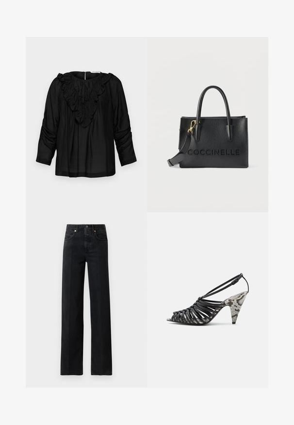 Blouse noire avec un col en V à volants, des manches trois-quarts et des détails froncés aux épaules, fabriquée dans un tissu lisse et léger.; Jeans en denim noir avec une coupe droite. Comprend cinq poches, une fermeture bouton et des détails de couture minimalistes. Design classique.; Sandale noire à talon haut avec lanières, boucle à la cheville et talon et semelle intérieure à motif peau de serpent, bout ouvert, vue latérale sur fond blanc.; Sac à main en cuir noir texturé avec deux poignées, une bandoulière amovible avec un fermoir doré, et le logo "COCCINELLE" en relief sur le devant.