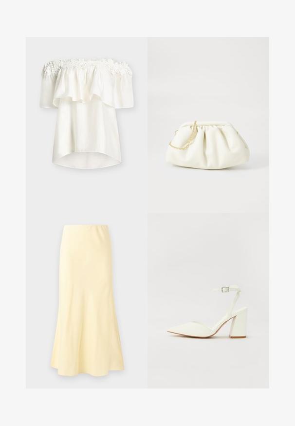 Blouse blanche à épaules dénudées avec bordure en dentelle florale le long du décolleté et manches courtes amples et fluides.; Jupe longue jaune pâle avec un léger évasement en bas, présentant une texture lisse et une taille élastique.; Sandale blanche à talon avec un bout pointu, sangle de cheville réglable et un talon carré épais. Texture lisse avec des détails de couture minimaux.; Sac à main en cuir blanc avec un design plissé, doté d'une bandoulière en chaîne dorée et d'une forme arrondie. Texture lisse avec des plis doux et sans motifs.
