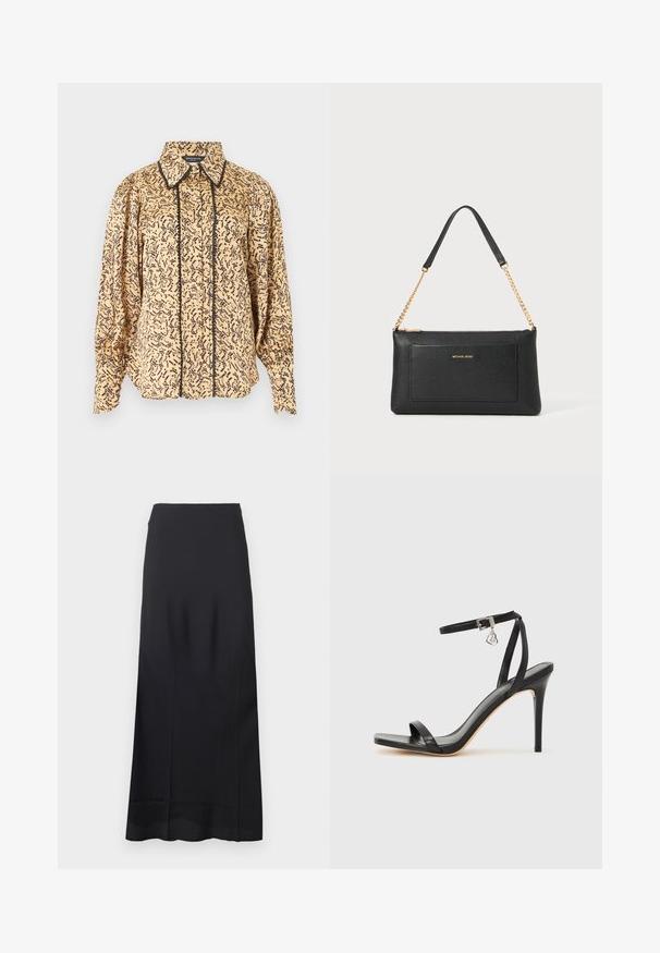 Blouse beige à manches longues avec motif abstrait noir, col pointu, boutons à l'avant et bordure noire le long de la ligne des boutons et des bords du col.; Jupe noire longue jusqu'au sol en tissu lisse ; présente un design épuré et profilé sans motifs ni ornements supplémentaires.; Sandale à talon haut noire avec une bride étroite à la cheville, bout carré, cuir lisse et accent de boucle métallique.; Pochette en cuir noir avec une texture en relief, bandoulière en chaîne dorée et une poche avant. Elle arbore un logo doré sur le devant.