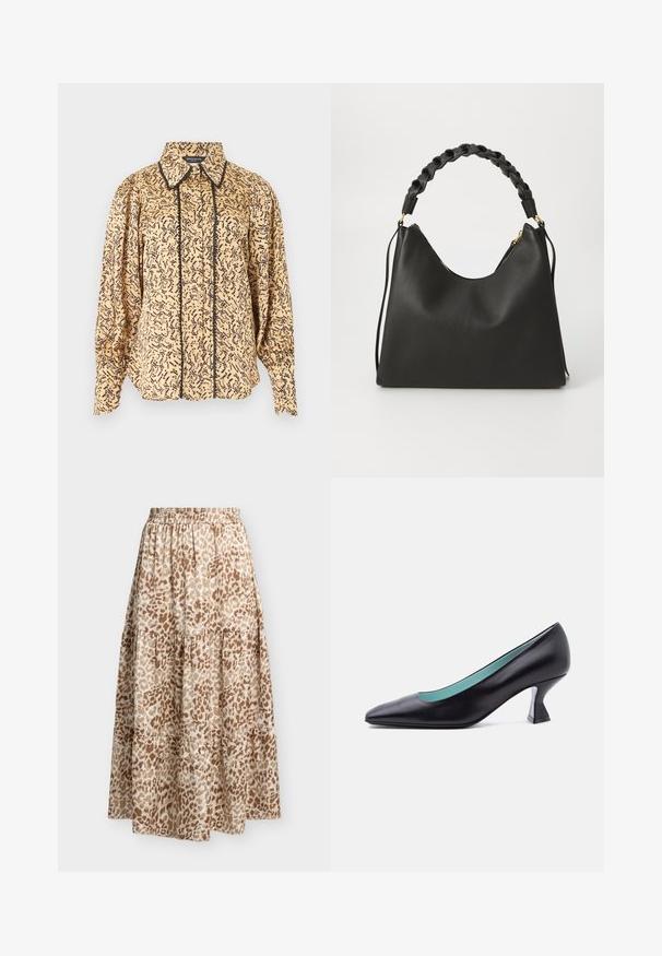 Blouse beige à manches longues avec motif abstrait noir, col pointu, boutons à l'avant et bordure noire le long de la ligne des boutons et des bords du col.; Jupe longue imprimé léopard beige et marron avec taille élastique et tissu froncé à volants.; Escarpin en cuir noir à bout pointu avec un petit talon bloc de forme unique et une doublure intérieure bleu clair, présenté sur un fond blanc uni.; Sac à main en cuir noir avec une texture douce, doté d'une anse tressée et de quincaillerie dorée, de forme hobo avec une fermeture éclair en haut.