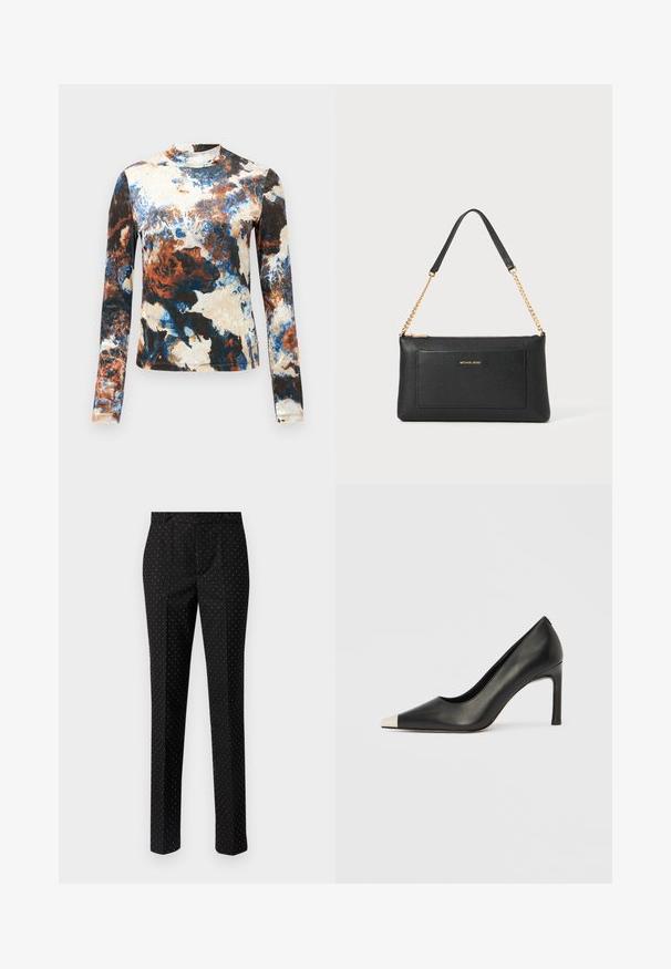 Blusa de manga larga en una mezcla de patrones abstractos en azul, marrón y crema. Tejido suave con un diseño ajustado y cuello alto.; Pantalones negros de ajuste slim, con un sutil patrón de lunares blancos, dos bolsillos delanteros y una textura de tela suave.; Zapato de tacón alto de cuero negro con punta en forma de pico y una tapa metálica plateada. Presenta un acabado suave y un tacón delgado de 10 cm.; Clutch de cuero negro con textura de guijarro, correa de cadena dorada y un bolsillo frontal. Presenta un logo dorado en la parte delantera.