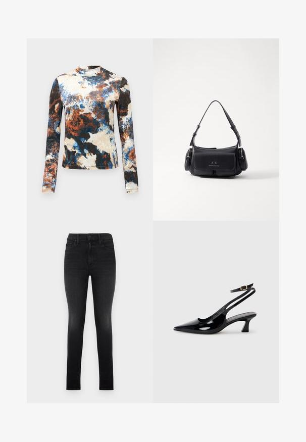 Blusa de manga larga en una mezcla de patrones abstractos en azul, marrón y crema. Tejido suave con un diseño ajustado y cuello alto.; Jeans skinny de tiro alto en negro, con un ligero desgaste en los muslos, diseño de cinco bolsillos, cierre con botón y cremallera, mostrados planos sobre fondo blanco.; Zapatos de tacón de charol negro con punta afilada, tacón bajo tipo bloque y correa ajustable en el tobillo con un hebilla dorada.; Bolso de mano de cuero negro con una sola correa para el hombro, cuenta con un bolsillo con solapa en la parte frontal y compartimentos con cremallera a los lados. Textura suave con detalle del logotipo.