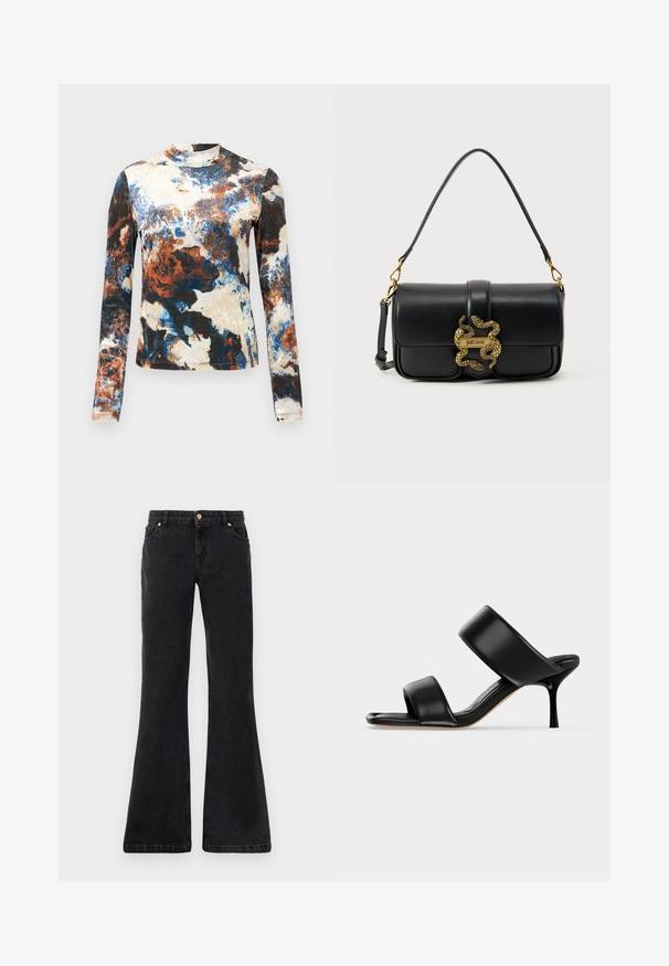 Blusa de manga larga en una mezcla de patrones abstractos en azul, marrón y crema. Tejido suave con un diseño ajustado y cuello alto.; Jeans de mezclilla negros acampanados con cinco bolsillos, cierre frontal de botón y costuras en contraste. La tela tiene una textura suave.; Sandalia mule de cuero negro con dos tiras anchas y un tacón de aguja delgado de altura media sobre un fondo claro y sencillo.; Bolso de hombro de cuero negro con cierre doble de serpiente dorado y placa con el logo "Just Cavalli" en la solapa frontal.