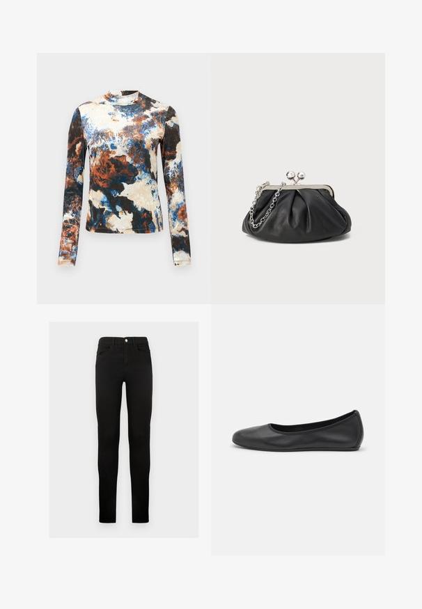 Blusa de manga larga en una mezcla de patrones abstractos en azul, marrón y crema. Tejido suave con un diseño ajustado y cuello alto.; Jeans de mezclilla negros con corte ajustado, que cuentan con cierre de botón, presillas para cinturón y bolsillos frontales. Textura suave y diseño clásico.; Bailarina de piel negra con punta redondeada, textura suave, detalle de costura minimalista y diseño de suela flexible.; Clutch de cuero negro con textura arrugada, marco de metal en tono plateado, cierre de beso y cadena para colgar. Superficie suave y lisa.