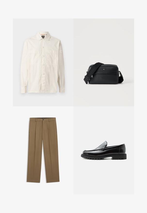 Chemise beige à manches longues en tissu léger, avec un devant boutonné, deux poches poitrine et une étiquette de marque sur la manche.; Pantalon droit marron avec passants de ceinture, bouton sur le devant et fermeture éclair, présenté à plat sur fond blanc.; Mocassin en cuir noir avec semelle en caoutchouc épaisse, dessus cousu et nom de marque embossé sur le talon, présenté de profil sur fond blanc.; Sac bandoulière en cuir noir texturé avec poche avant zippée et bandoulière large en tissu réglable sur fond blanc.