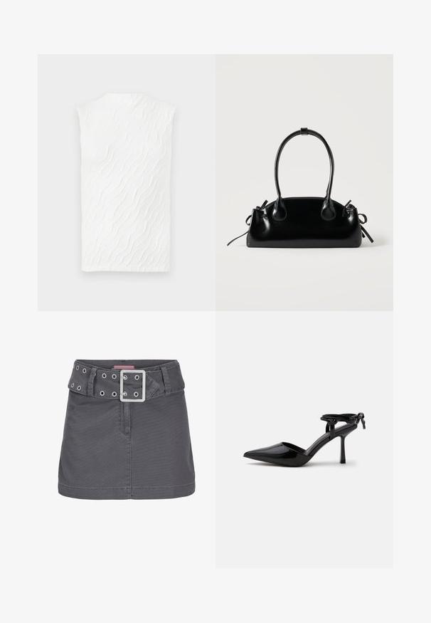 Top sin mangas blanco con un patrón texturizado de olas, cuello alto y una silueta ligeramente ajustada. Tejido suave con una dimensión sutil.; Minifalda de algodón gris con un cinturón ancho que presenta ojales plateados y una hebilla de metal cuadrada, diseñada con una silueta limpia y recta.; Zapato de tacón alto de cuero charol negro con punta puntiaguda y correa en el tobillo atada en un nudo en la parte trasera, mostrado sobre un fondo blanco liso.; Pequeño bolso negro brillante con dos asas largas y detalles de cordón lateral sobre un fondo claro liso.