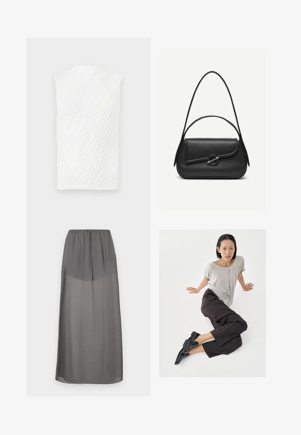 Top sin mangas blanco con un patrón texturizado de olas, cuello alto y una silueta ligeramente ajustada. Tejido suave con una dimensión sutil.; Falda maxi gris con cintura elástica, hecha de tela ligera y transparente. Presenta una textura suave y un diseño hasta el suelo.; Top de manga corta gris claro, pantalones anchos oscuros y mocasines negros. Tela suave, ajuste relajado y ribete en contraste en la camisa.; Bolso de cuero negro con bordes redondeados, solapa asimétrica, cierre circular de metal y correas de hombro cortas y largas.