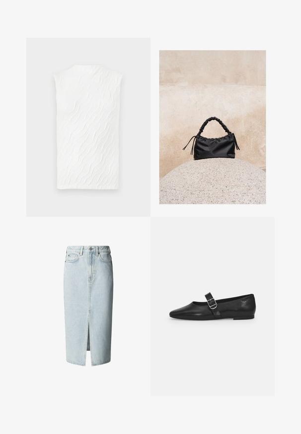 Top sin mangas blanco con un patrón texturizado de olas, cuello alto y una silueta ligeramente ajustada. Tejido suave con una dimensión sutil.; Falda midi de mezclilla azul claro con abertura frontal, trabillas para cinturón, cierre de botón y cremallera, y bolsillos delanteros y traseros.; Zapato plano de cuero negro con punta redondeada, una sola correa ajustable con hebilla y una textura suave y brillante. Diseño minimalista con un tacón bajo.; Bolso negro fruncido con asa recogida, apoyado sobre una esfera de piedra texturizada frente a una pared de hormigón beige.