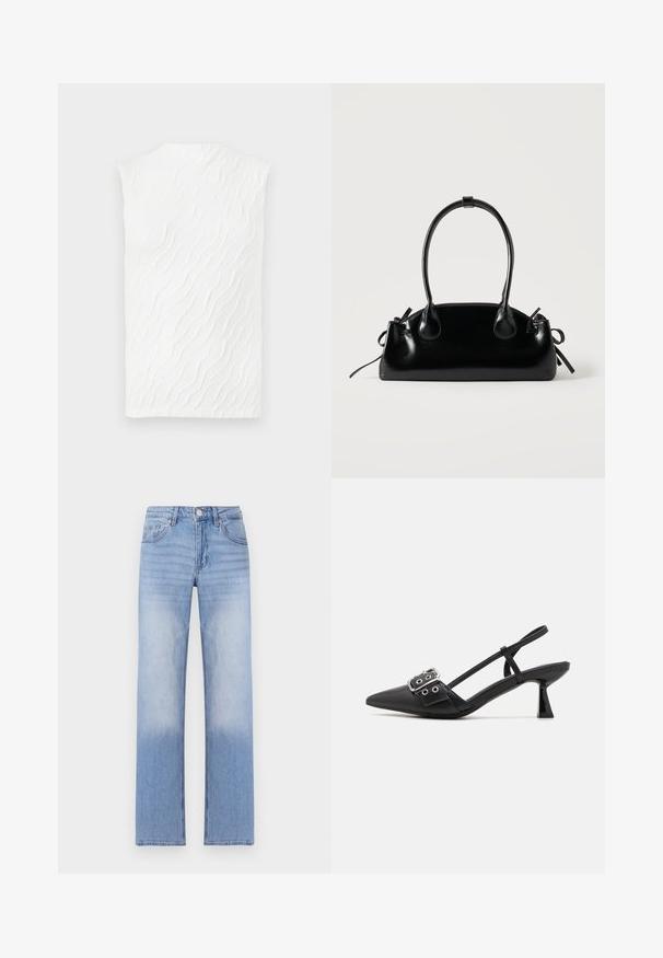 Haut sans manches blanc avec un motif en vagues texturées, un col haut et une silhouette légèrement ajustée. Tissu lisse avec une dimension subtile.; Jean en denim bleu clair avec une coupe droite, présentant un délavage aux extrémités et un style classique à cinq poches.; Simmi London DALA - Escarpins - black; Petit sac à main noir brillant avec deux longues anses et des détails à cordon sur les côtés sur un fond clair uni.