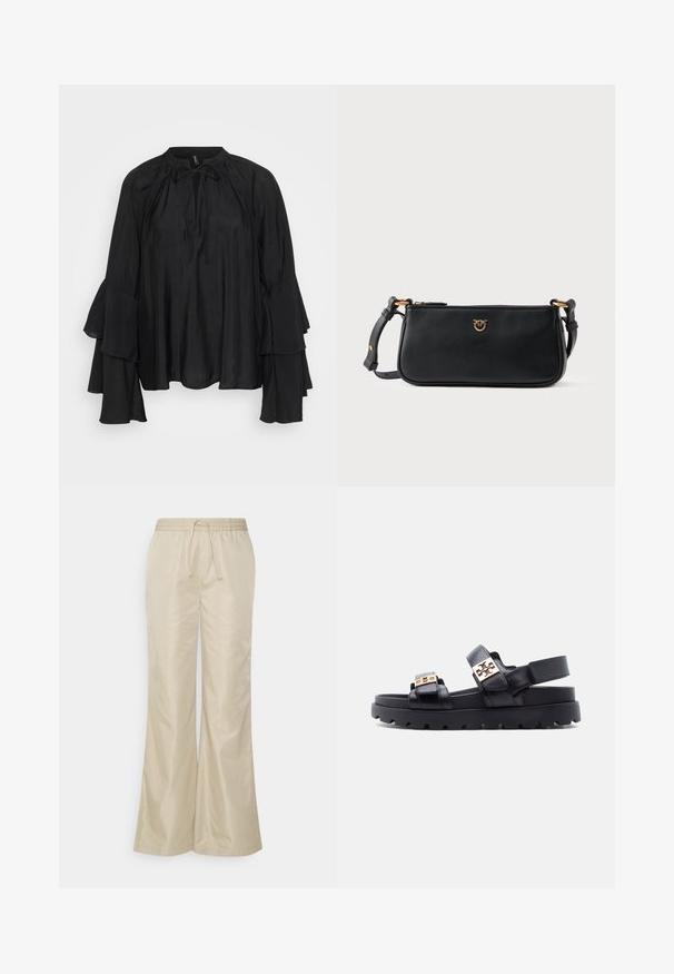 Must mustar bluus kõrgema kaelusega, lipsu detaili ja kihilise, laieneva varrukaga. Sile kangas, voolav ja mugav lõige.; BLANCHE OJAI PANTS - Püksid - beige; Mustast nahast sandaal paksu tallaga, kaks reguleeritavat rihma kuldsete pandlatega ja avatud kannaosa rihm.; Must musta kott, millel on sile tekstuur, kuldse logo aktsent ees ja reguleeritav rihm.