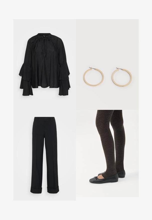 Blusa ligera negra con cuello alto, detalle de lazo y mangas acampanadas en capas. Tejido suave con un ajuste fluido y relajado.; Pantalones de pierna ancha negros con una textura suave, que presentan un diseño ajustado, dobladillo con puños y una cinturilla tradicional.; Piernas con leggings oscuros acanalados combinados con bailarinas negras que presentan pequeños detalles de lazo sobre un fondo blanco.; Par de pendientes de aro de tamaño mediano con tono dorado y cierre de bisagra sobre un fondo claro y liso.