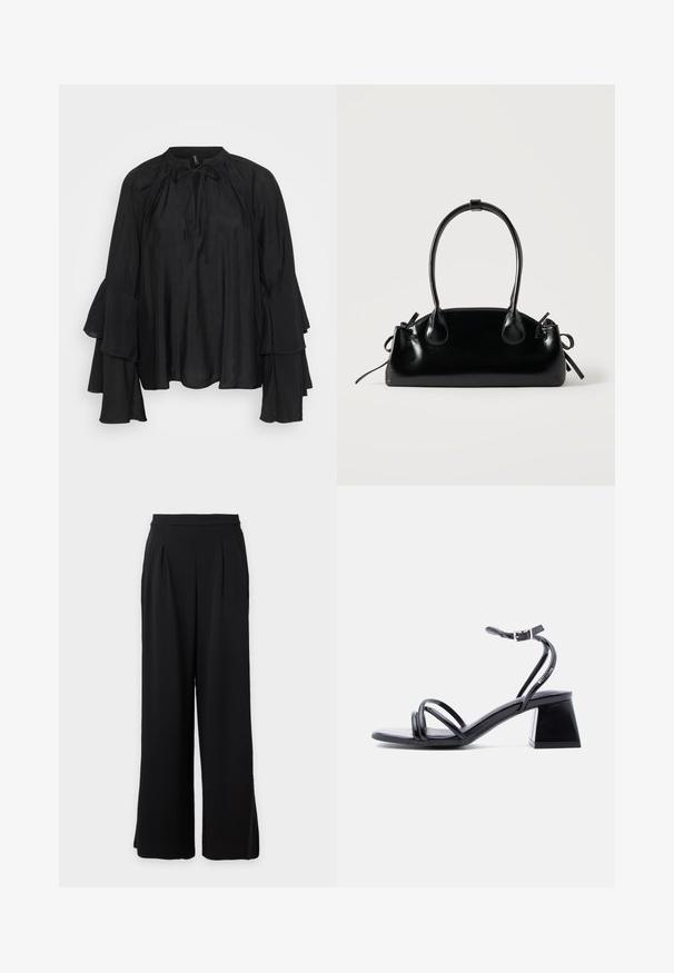 Blusa ligera negra con cuello alto, detalle de lazo y mangas acampanadas en capas. Tejido suave con un ajuste fluido y relajado.; Pantalón negro de pierna ancha con pliegues en la parte delantera y cintura alta, presentado sobre un fondo claro.; Sandalia negra con tiras, abierta en la punta, con hebilla en el tobillo y tacón cuadrado, vista lateral sobre un fondo claro y liso.; Pequeño bolso negro brillante con dos asas largas y detalles de cordón lateral sobre un fondo claro liso.