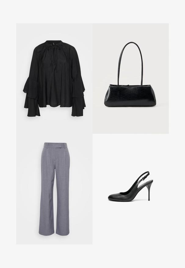 Blusa ligera negra con cuello alto, detalle de lazo y mangas acampanadas en capas. Tejido suave con un ajuste fluido y relajado.; Pantalones de pierna ancha en gris, confeccionados con una tela texturizada. Cuentan con una cinturilla plana con presillas y pliegues en la parte delantera para un detalle adicional.; Zapato de tacón negro de piel con punta afilada, tacón delgado y ajustable. Textura suave y diseño minimalista.; Bolso de hombro rectangular negro con correas largas y delgadas y una textura lisa y brillante sobre un fondo liso.