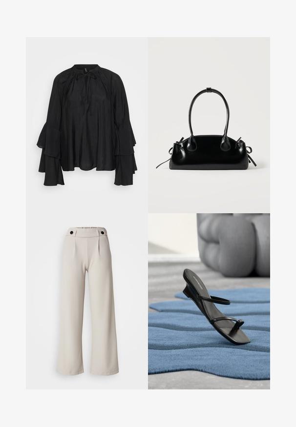 Blusa ligera negra con cuello alto, detalle de lazo y mangas acampanadas en capas. Tejido suave con un ajuste fluido y relajado.; Pantalones de pierna ancha plisados en tejido de color beige claro con una textura suave, que cuentan con una cintura fruncida y dos botones negros en la cinturilla.; Sandalia negra con tiras y lazo para el dedo en una alfombra texturizada azul, con un gran objeto decorativo gris desenfocado en el fondo.; Pequeño bolso negro brillante con dos asas largas y detalles de cordón lateral sobre un fondo claro liso.
