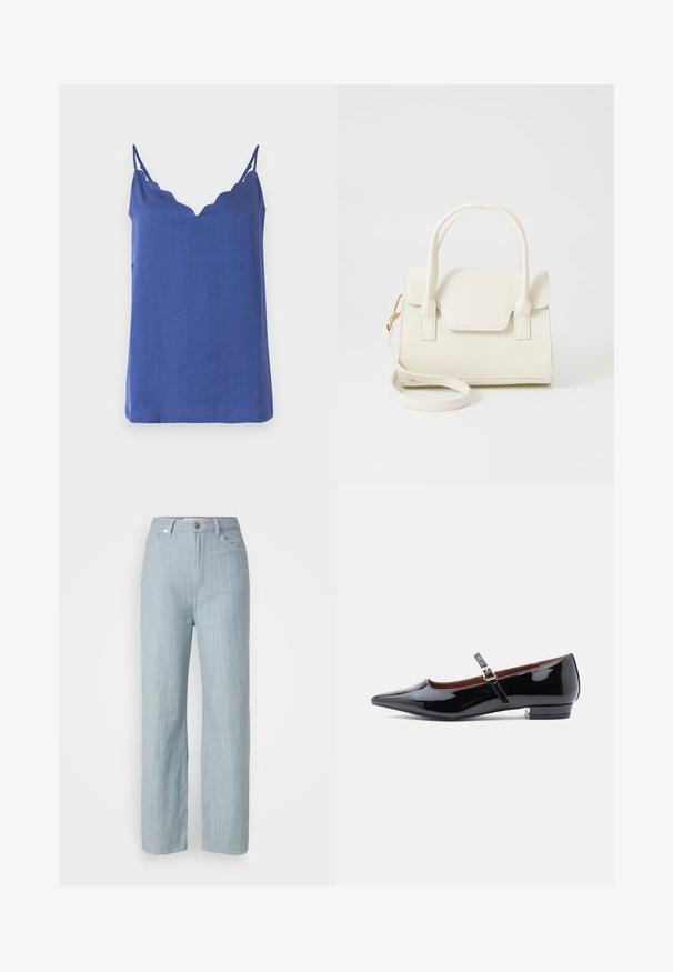 Haut sans manches bleu avec un col festonné, fabriqué en tissu léger, doté de fines bretelles et d'une coupe décontractée.; Jean droit en denim bleu clair. Comprend cinq poches, une fermeture à bouton en métal et un léger délavage pour la texture.; Escarpin Mary Jane en cuir verni noir avec bout pointu et petit talon, doté d'une sangle ajustable avec boucle dorée.; Petit sac à main blanc avec doubles poignées, rabat avant et bandoulière amovible avec boucle dorée sur fond blanc uni.