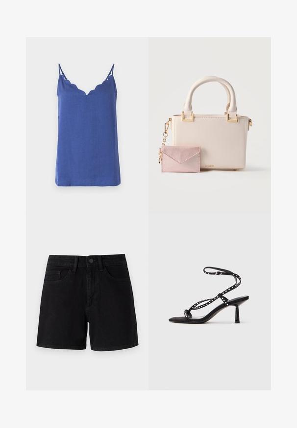 Haut sans manches bleu avec un col festonné, fabriqué en tissu léger, doté de fines bretelles et d'une coupe décontractée.; Shorts en denim noir avec une coupe classique, dotés d'une fermeture à bouton à l'avant, de poches traditionnelles et d'une texture lisse.; Sandales à talons hauts en suede noir avec un nez pointu, une sangle à la cheville et des détails décoratifs en clous sur les sangles.; Sac à main texturé crème avec des poignées arrondies et des finitions dorées, attaché à un petit portefeuille rose métallique de style enveloppe avec une chaîne dorée.
