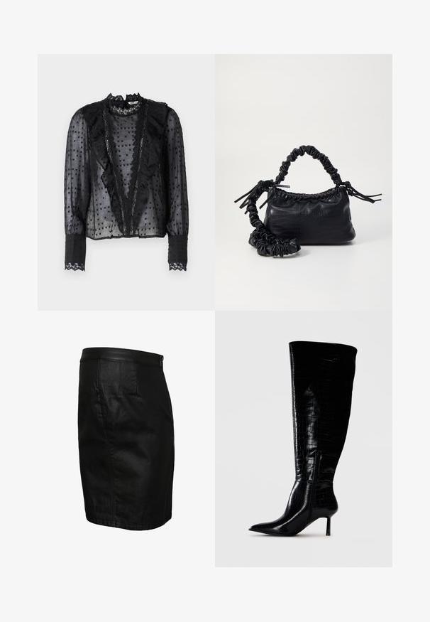 Chemisier noir à manches longues, fabriqué en tissu transparent, avec des volants sur le devant et des accents en dentelle sur le col et les poignets.; Jupe en denim noir à silhouette ajustée, avec une ceinture en cuir lisse, des coutures simples et des poches latérales. Aucun motif ni accent visible.; Bottes noires montantes en cuir verni avec un motif crocodile. Bout pointu et talon fin ; dotées d'une fermeture éclair sur le côté.; Sac à main en simili cuir noir avec une texture crocodile, un dessus resserré et une sangle froncée. A l'apparence douce et compacte.