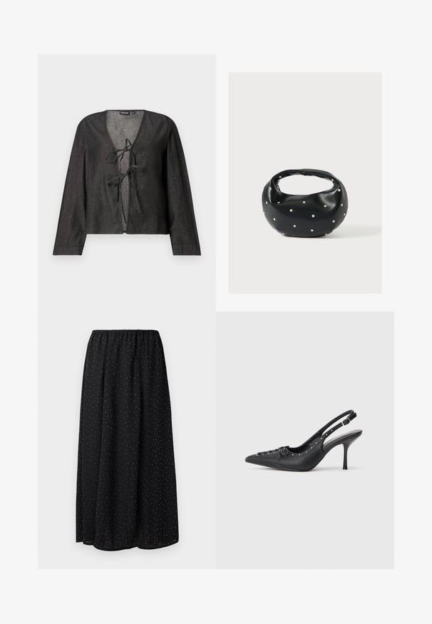 Blusa ligera negra de manga larga, con escote en V y cierre de lazo en la parte delantera. Textura suave, diseño simple y sin patrones visibles.; Falda negra de tela ligera con una cinturilla fruncida. Presenta un patrón de pequeños puntos blancos por toda la tela.; Sandal de tacón stiletto negro de cuero con punta afilada, correa lateral con hebilla, tachuelas a lo largo del borde y cordones decorativos en la parte delantera.; Bolso de mano de cuero negro con forma redondeada, decorado con detalles de tachuelas plateadas y un asa corta. Textura lisa y cierre con cremallera.