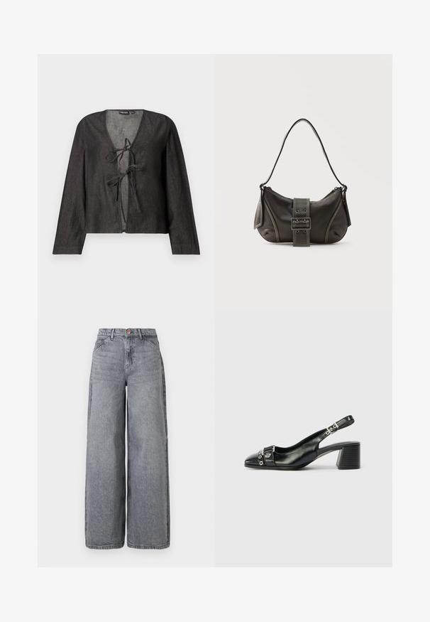 Zwarte lichtgewicht blouse met lange mouwen, V-hals en striksluiting aan de voorkant. Smooth textuur, eenvoudig ontwerp en geen zichtbare patronen.; Wijde denim jeans in een vervaagde grijze was, met vijf zakken, een knoopsluiting en een zachte textuur met subtiele whiskerdetails.; Zwart leren slingback hak met een spitse neus, eenTextuur strap met cirkelvormige metalen accenten en een gestapelde blokhak.; Zwarte leren schoudertas met gespsluiting aan de riem, afgeronde hoeken en contrasterende witte stiksels op een effen achtergrond.