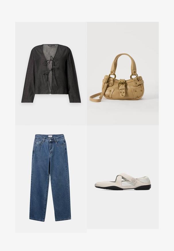 Blouse noire légère à manches longues, décolleté en V et fermeture à nouer à l'avant. Texture lisse, design simple et sans motifs visibles.; Jean en denim bleu classique avec une coupe droite, cinq poches et une fermeture par bouton. Présente un lavage moyen et une texture robuste.; Chaussure Mary Jane beige avec bride croisée, semelle noire et tige en tissu doux, conçue pour un confort décontracté et un port quotidien.; Sac à main en cuir beige avec double poignées, boucle en laiton et détails rivetés, ainsi qu'une bandoulière réglable sur fond blanc.