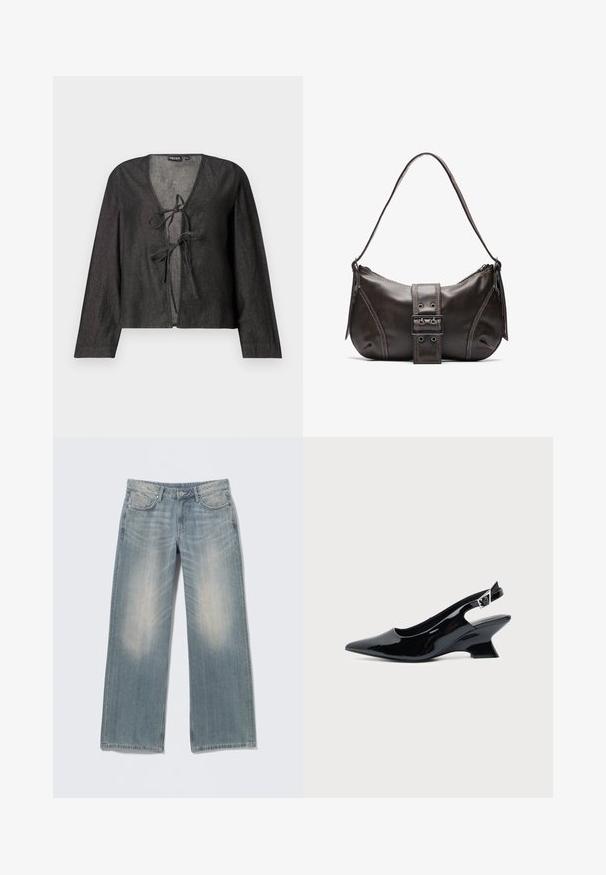 Sort letvægtsbluse med lange ærmer, V-hals og snøre lukning fortil. Helt glat tekstur, enkelt design og ingen synlige mønstre.; Lyseblå jeans med vide ben og falmet finish, lavet af denim. Har bæltestropper, forlommer og lynlås med knaplukning.; Sort laklæder slingback sko med spids tå og lav vinklet blokhæl på ensartet lys baggrund.; Brun læder skuldertaske med en buet form, der har et fremtrædende spænde, kontrasterende syninger og en enkelt skulderrem.