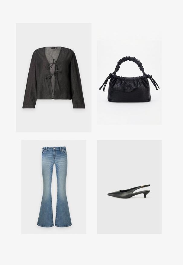 Blusa ligera negra de manga larga, con escote en V y cierre de lazo en la parte delantera. Textura suave, diseño simple y sin patrones visibles.; Vaqueros de mezclilla azul claro descoloridos con cintura alta y piernas anchas acampanadas, con bolsillos delanteros y cierre de botón.; Zapato de tacón slingback negro de punta afilada, hecho de cuero suave. Presenta un tacón delgado y un detalle de hebilla en la correa ajustable.; Bolso negro con textura de cocodrilo, borde superior fruncido, asa recogida y cordones con borlas en cada lado sobre un fondo blanco.
