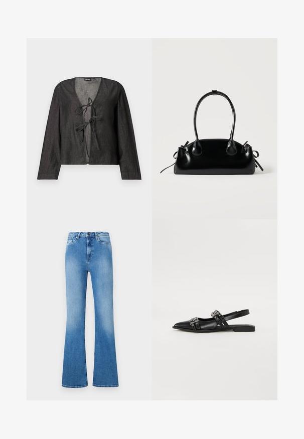 Sort letvægtsbluse med lange ærmer, V-hals og snøre lukning fortil. Helt glat tekstur, enkelt design og ingen synlige mønstre.; Lysblå flagrende jeans lavet af denim. Har klassisk fem-lomme design, knaplukning og en falmet finish mod bunden.; Even&Odd by Zalando Slingback-ballerinasko - black; Lille sort blank håndtaske med to lange håndtag og snøre-detaljer i siden på en ensfarvet lys baggrund.