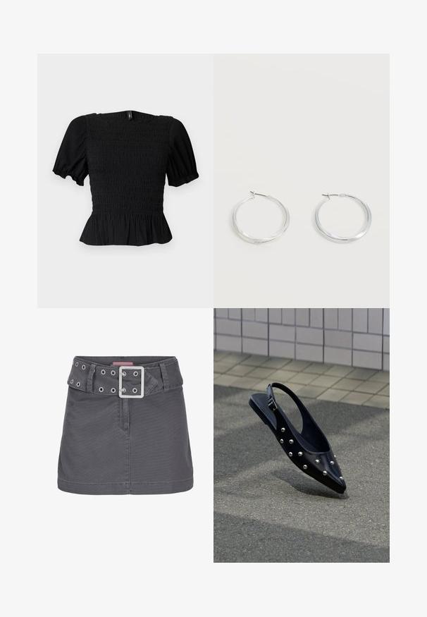 Haut court noir texturé avec manches bouffantes, corsage smocké, encolure carrée et ourlet à volants sur fond clair.; Jupe mini en coton gris avec une large ceinture ornée d'œillets en argent et d'une boucle en métal carrée, conçue avec une silhouette épurée et droite.; Chaussure slingback noire à bout pointu avec des clous argentés, flottant au-dessus d'un bitume près d'un mur carrelé en arrière-plan.; Boucles d’oreilles créoles en métal argenté avec une surface lisse légèrement incurvée et des fermoirs à clapet sur un fond blanc uni.