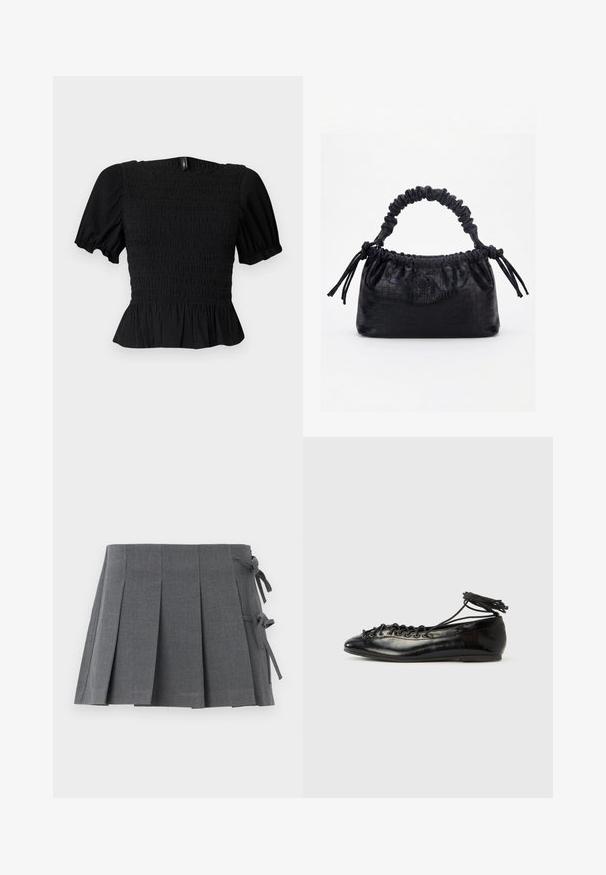 Haut court noir texturé avec manches bouffantes, corsage smocké, encolure carrée et ourlet à volants sur fond clair.; Jupe mini plissée grise en tissu texturé, avec une fermeture à nouer sur un côté et une ceinture lisse pour plus de confort.; Ballerines en cuir verni noir avec un bout rond, un design à lacets et une semelle plate. Texture lisse avec peu de détails.; Sac à main noir avec texture crocodile, bord supérieur froncé, poignée plissée et pompons à cordon de chaque côté sur fond blanc.