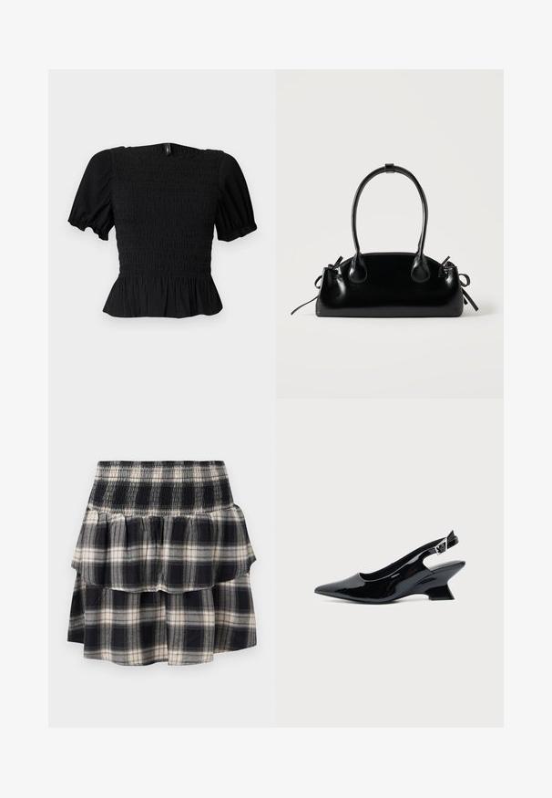 Haut court noir texturé avec manches bouffantes, corsage smocké, encolure carrée et ourlet à volants sur fond clair.; Jupe à volants à carreaux noir et blanc avec taille smockée. Avec des couches froncées et une texture douce en coton.; Chaussure slingback en cuir verni noir avec bout pointu et petit talon bloc incliné sur fond clair uni.; Petit sac à main noir brillant avec deux longues anses et des détails à cordon sur les côtés sur un fond clair uni.