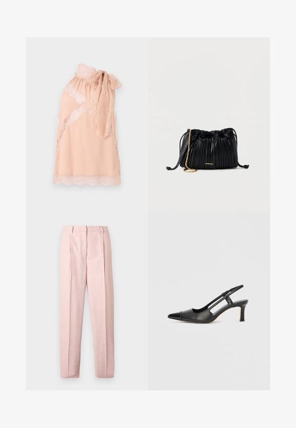 Haut sans manches pour femmes de couleur pêche, avec bordure en dentelle, détail nœud en dentelle sur l'épaule et inserts en dentelle transparente créant un délicat motif floral.; Pantalon rose clair sur mesure avec plis devant, passants pour ceinture et coupe droite, sur un fond blanc uni.; Chaussure à bride arrière en cuir noir avec bout pointu, dotée d'un accent brillant sur le bout et d'un talon de hauteur moyenne. Design latéral ouvert.; Sac à main en cuir noir plissé avec cordon de serrage, bandoulière chaîne dorée et petit accent horizontal doré sur le devant.